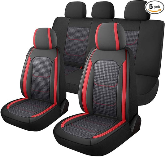 CAROMOP Premium PU Leather&Flannel Car Seat Covers Full Seats,Split Bench Compatible Car Interior Covers, Universal Fit Most Car Sedan Truck SUV(5-Seat Black/Red)