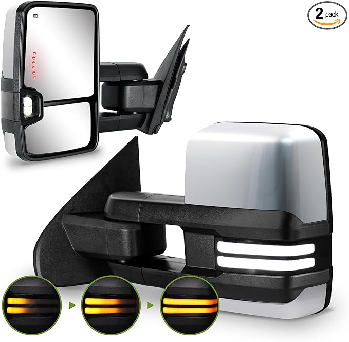 Towing Mirrors for Chevy Silverado/GMC Sierra 1500 (2014-2018), 2500HD/3500HD (2015-2019), Switchback Dynamic Turn Signal/Running Lights Power Heated (Painted Silver)