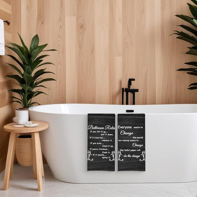 Funny Bathroom Rules Decorative Hand Towels Set of 2, Rustic Farmhouse Hand Towels for Bathroom Decor, 16x24 Inch(Coal Black Style)