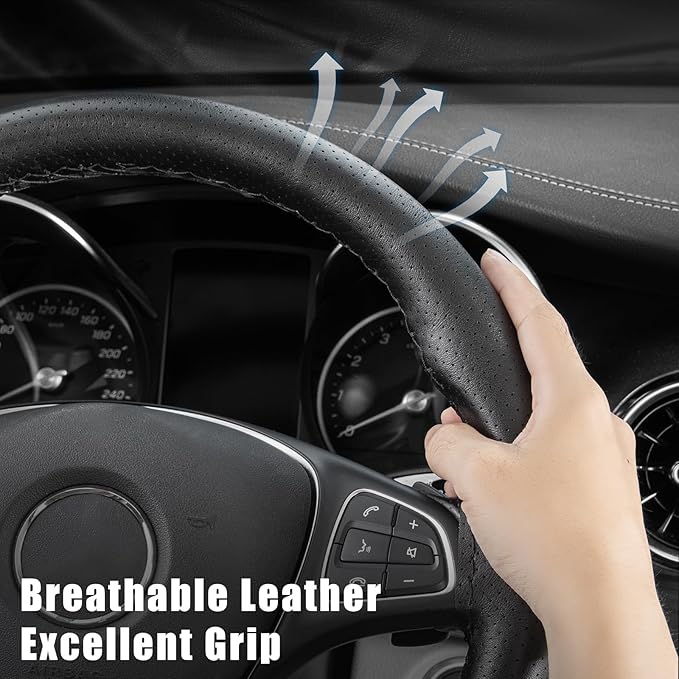 SEG Direct Genuine Leather Steering Wheel Cover, Stitch On Wrap, Breathable Cowhide Steering Wheel Wrap, Standard Size 15 Inch, for Car Truck SUV Pickup Boat, DIY Sewing with Needle Thread, Black