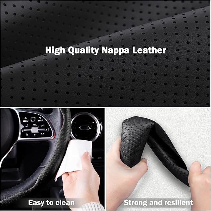 Nappa Leather Car Steering Wheel Cover for Men Women, Ultra-Thin Non-Slip Breathable Microfibre, Universal for 14.5"-15" Steering Wheel - Black