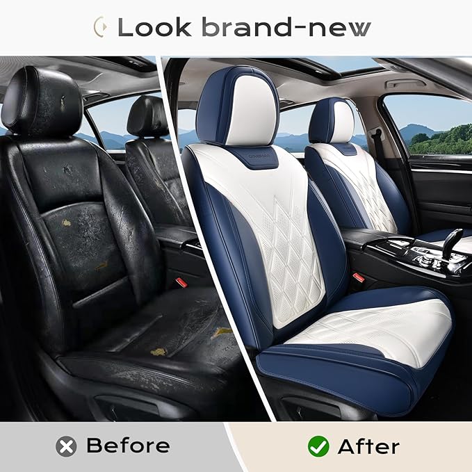 Coverado Car Seat Covers, Front Covers for Cars, Car Seat Cover Front Seats, Automotive Seat Cover, Waterproof, Leather Car Seat Cushion, Universal Interior Seat Protectors for Most Cars Blue-White