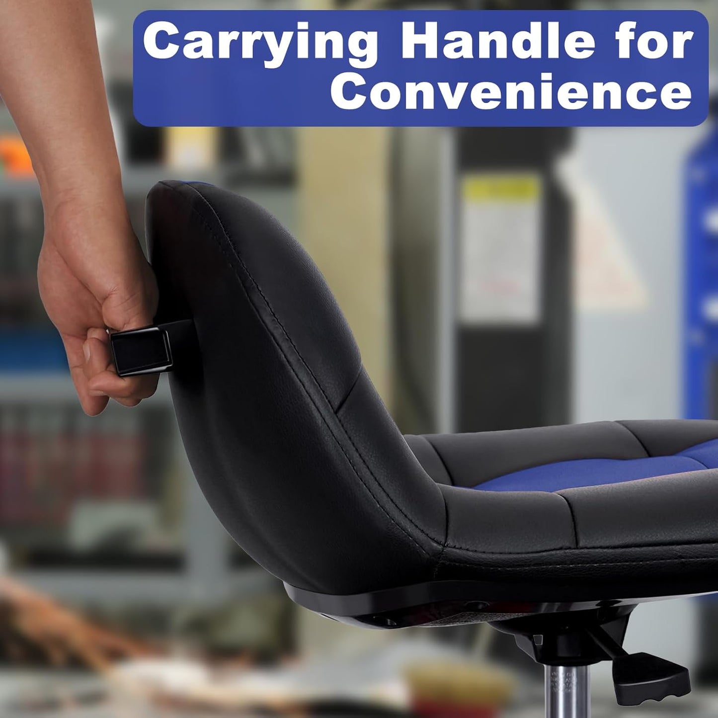 Rolling Stool with Wheels, Adjustable Shop Stool Mechanic Chair Seat Garage Shop Roller Work Chair Mobile Rolling Seat with Tool Tray, 2 Cup Holders, 4" Casters, 350 LBS, Heavy-Duty, Blue