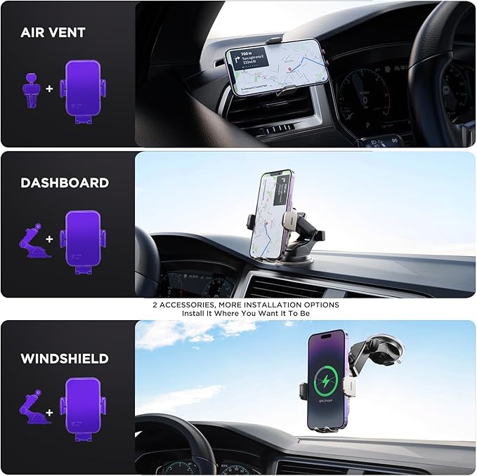 Wireless Car Charger,【7 Colored RGB Backlit】 15W Auto Clamping Car Charger Phone Mount Holder for iPhone 15 14 13 12 Mini Pro Max 11 XR X, Samsung Galaxy S23 Ultra S22 S21+ S10+ Note 20, etc - Silver