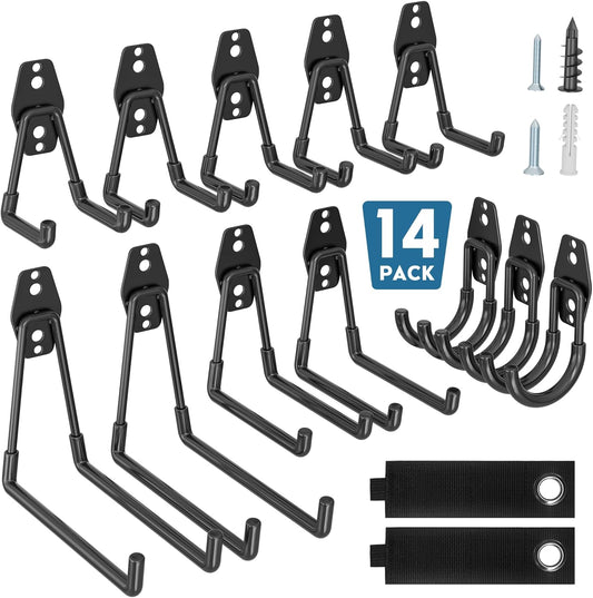 BONTEC Heavy Duty Garage Hooks, Anti-Slip Coated Black Steel with Strong Load Capacity, Multi-Sized U and J Hooks, Easy Wall Mount for Garage, Garden, Workshop (Black, 14 Pack)