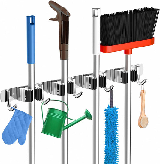 ZONGOOL 4 Racks and 5 Hooks Broom Holder Wall Mount Mop Hanger Wall Mounted Mop and Broom Storage Tool Rack Stainless Steel Garage Organization Garden Kitchen Home Laundry Organizer (Silver)