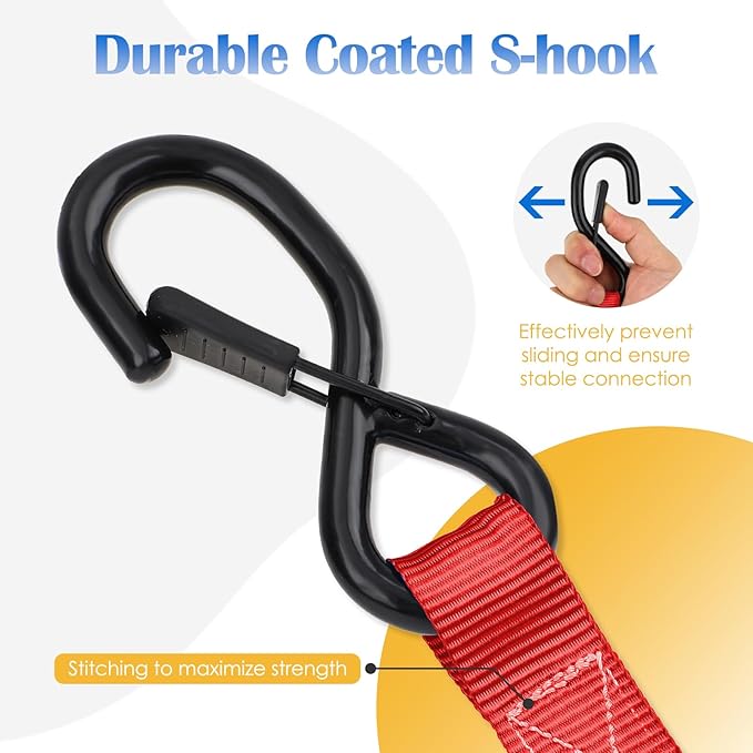 Ratchet Straps 4 Pack - 1,826 Lbs Break Strength 1 in x 15 Ft Medium Duty Ratchet Tie Down Straps with S Hooks Set for Truck, Cargo Van, Trailer, Motorcycle (Red)