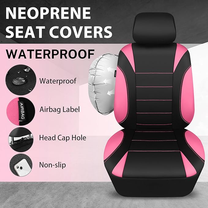 CAR PASS Waterproof Car Seat Covers Front Seats Only with 5mm Composite EVA, Neoprene Car Seat Cover Separate Headrest Cover, Quick Setup Universal Fit for Car SUV Trucks,Airbag Compatible Black Pink