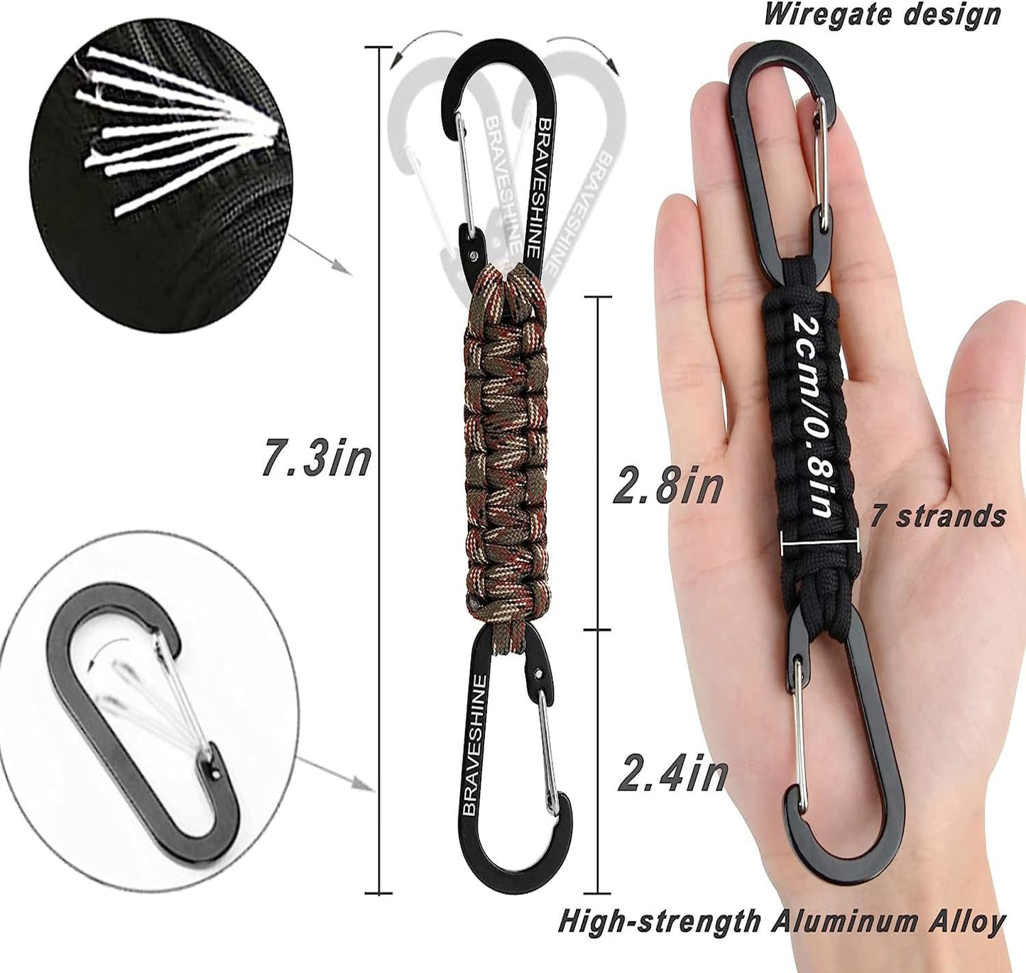 BRAVESHINE Paracord Keychain Carabiner Clip, D Ring Lanyard Hanger Stroller Hook for Water Bottle, Key, Backpacks, Men, Women