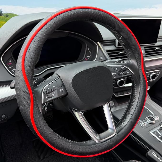 Leather Steering Wheel Cover， with Anti-Slip Stripe Design - Enhanced Grip, Fashion Style, Safe, Non-Slip, Breathable. Upgrade car Interior，Black red