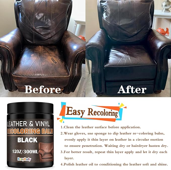 Leather Recoloring Balm Black Leather Dye Vinyl Paint Car Interior Seat Furniture Conditioner Couch Recliner Boots Jacket Shoes Handbag Purse Belt Color Restorer Fade Wear Scratch Remover Repair Kit