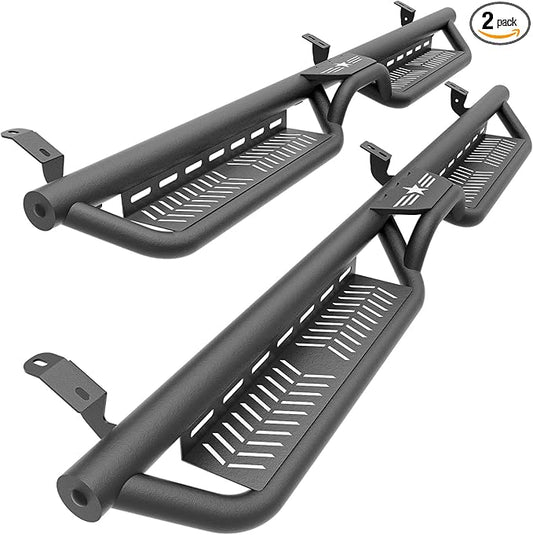 CrewMax Cab Running Boards Side Steps Compatible with 2007-2021 Toyota Tundra Crew Max Cab, Two Stair Drop Design Style Black Truck Side Rails Nerf Bars (Black Powder Coated, Star Logo)