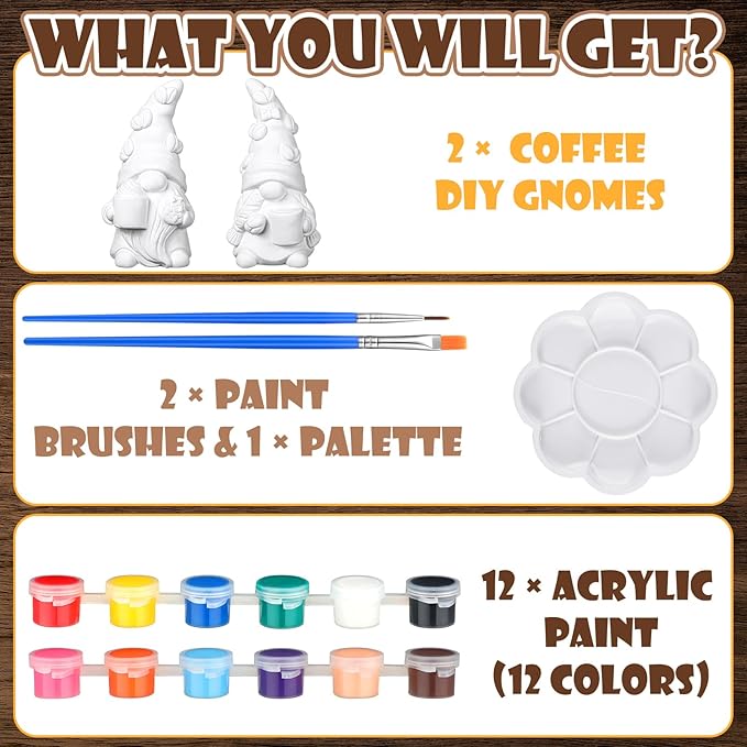 Hollowfly 2 Set Ready to Paint Your Own Gnome Statue 4" Mini Paintable Ceramics Blank Gnome Figurine Brush Palette Paint for Halloween Craft DIY Art Adult Employee Appreciation Gift (Coffee Style)