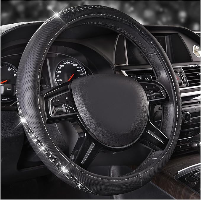CAR PASS Bling Diamond Black Leather Steering Wheel Cover, Studded Crystal Rhinestones Universal Fit 14" 1/2-15" Glitter for Women Sparkle Girl Fit Suvs,Vans,Sedans,Car,Trucks, Silver Diamond