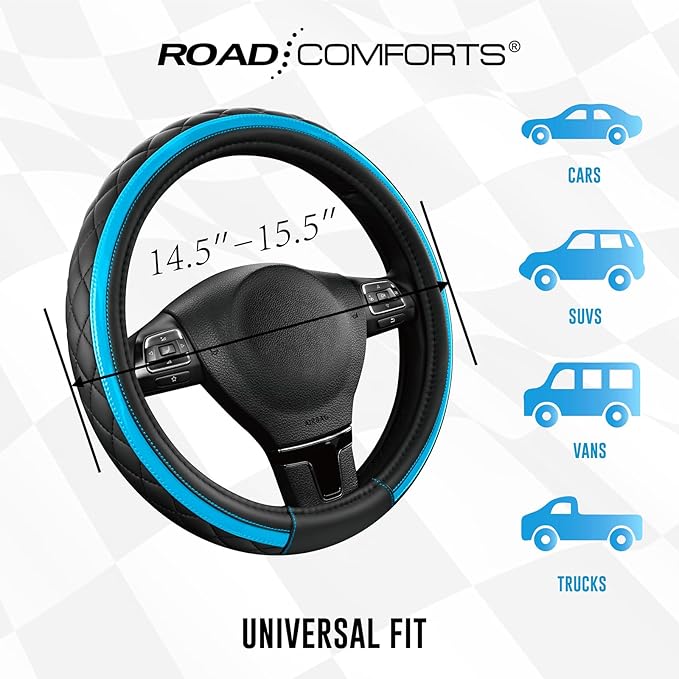 Road Comforts Leather Steering Wheel Cover – Black & Blue, Universal Fit 14.5-15 Inch, Microfiber Leather, Anti-Slip & Breathable Design for Men and Women