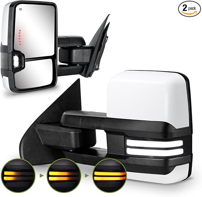 Towing Mirrors for Chevy Silverado/GMC Sierra 1500 (2014-2018), 2500HD/3500HD (2015-2019), Switchback Dynamic Turn Signal/Running Lights Power Heated (Painted White)