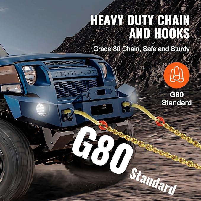 VEVOR G80 V Bridle Chain, 5/16" x 2' Towing Chain Bridle with 15" J Hooks and Grab Hooks, Heavy Duty Transport Tow Chain Bridle with 10800 lbs Safe Working Load for Flatbed Truck Wrecker Recovery