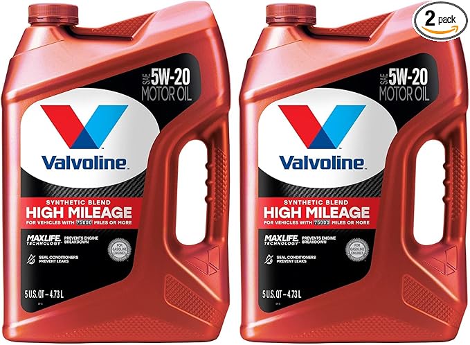 Valvoline Motor Oil, 5W-20, 5 QT | High Mileage | Synthetic Blend | MaxLife Technology | Pack of 2
