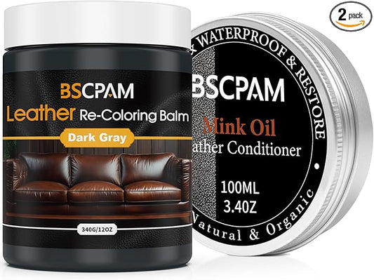12oz Leather Recoloring Balm & 3.4oz Mink Oil Leather Conditioner kit,Dark Gray Leather Color Repair Kits for Couches, Leather Couch Paint Scratch Repair for Furniture Car Sofa Shoes Leather Dye
