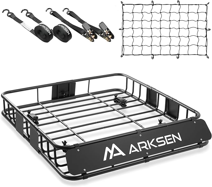 ARKSEN 43 x 39 x 6 Inch Universal 150LB Heavy Duty Roof Rack Cargo with Cargo Net & Ratchet Straps, Car Top Luggage Holder Carrier Basket with Extension for SUV, Truck, & Car Steel Construction
