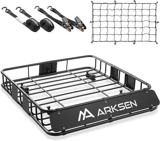 ARKSEN 43 x 39 x 6 Inch Universal 150LB Heavy Duty Roof Rack Cargo with Cargo Net & Ratchet Straps, Car Top Luggage Holder Carrier Basket with Extension for SUV, Truck, & Car Steel Construction