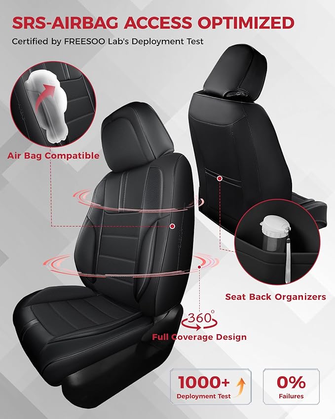 FREESOO Black Front Car Seat Covers - Faux Nappa Leather Seat Covers for Cars, with Carbon Fiber Texture Seatbelt Pads, Waterproof Cushion Protectors Fit for Most Vehicles Sedans SUV Trucks Corolla