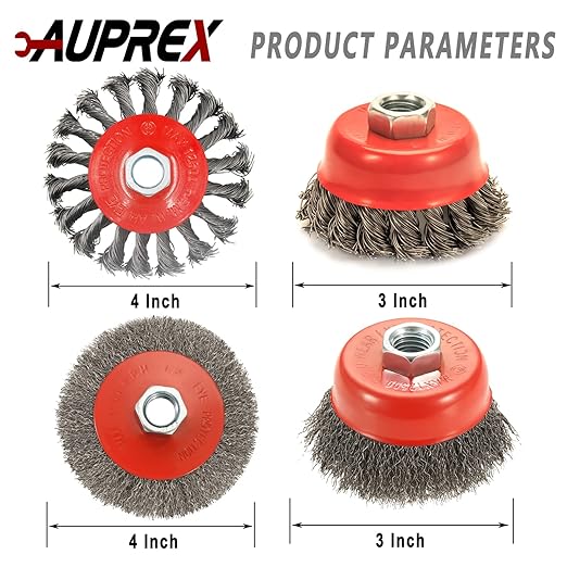 4 Pack Wire Wheel Brush Set for Angle Grinders, 4 & 3 Inch, 5/8'-11 Thread Arbor, Twist Knotted Coarse Crimped Wire Brushes