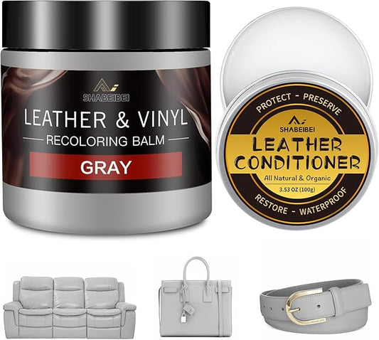 Leather Recoloring Balm with 100ml Mink Oil, Gray Leather Repair Kit and Scratch Remover for Furniture, Car Seats, Sofas, Dye & Restorer for Couches, Vinyl, PU, Faux