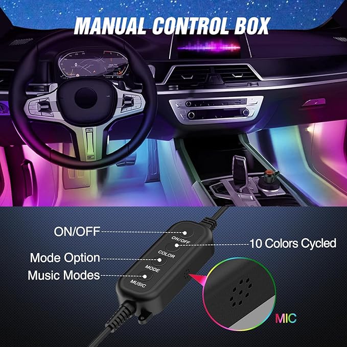 Nilight 4PCS Interior Car Strip Lights Cigarette Lighter Dream Color RGB-IC 12V DC with App Remote Control Multicolor Under Car Dash Lighting 2 Lines Design Music Sync Mode for Cars Truck ATV UTV