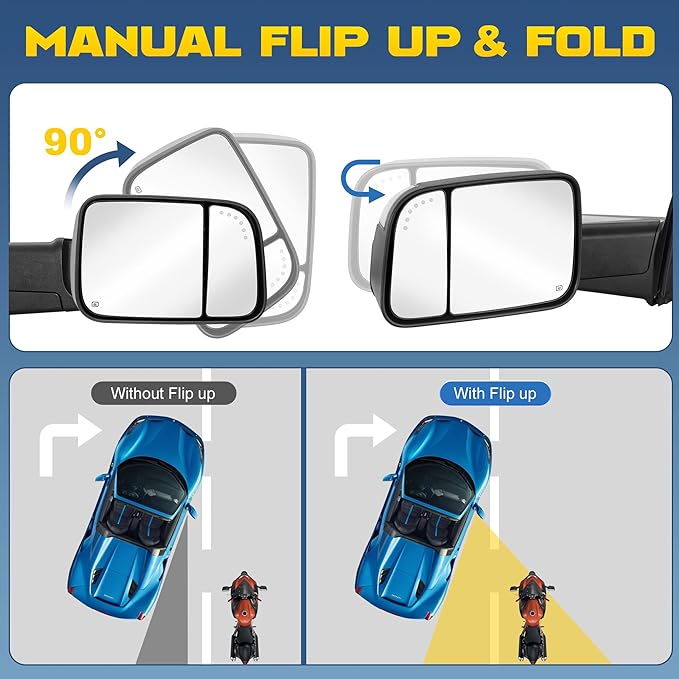 Power Heated Towing Mirror Compatible for 2009-2018 Dodge Ram 1500 2500 3500/2019-2024 Ram 1500 Classic w/LED Turn Signal Light Arrow Light Temperature Sensor -2 PCS (Black)