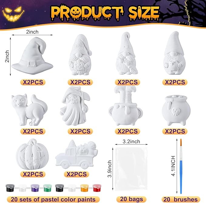 Simgoing 20 Set Dinosaur Unicorn Mermaid Donut Jungle Animal DIY Painting Kit Pumpkin Snowman Ceramic Paint Your Own Figurines Unpainted Plaster Craft for Party Favor(Pumpkin)