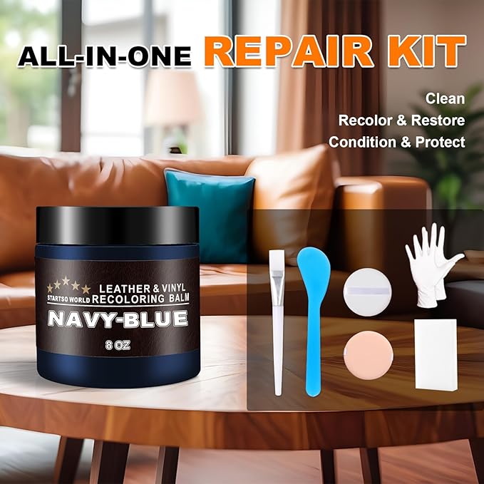 STARTSO WORLD Leather Recoloring Balm, Navy Blue Leather Repair Kit for Furniture, Leather Dye, Leather Color Restorer for Couches, Leather Couch Paint | Repair, Restore & Renew Old, Faded Leather