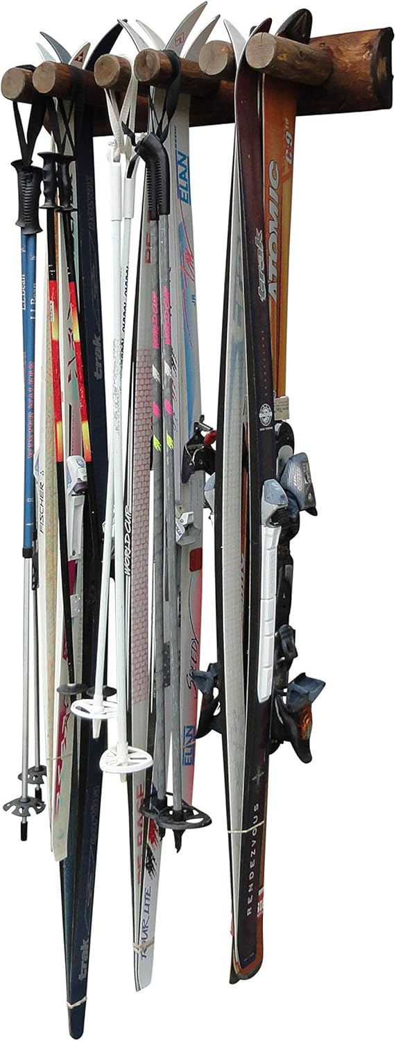 6-Place Log Ski Rack Wall Mount, Indoor Ski Storage Rack for Garage Organizers, Wooden Skis Wall Mount Storage Racks, Pole Skis Sports Racks, Garage Organization Walls - Canyon Brown