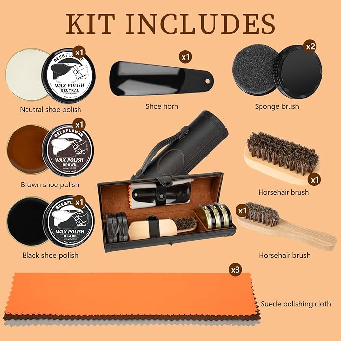 Shoe Polish Kit - Shoe Shine Kit | Leather Care Set with Horsehair Brush & Wooden Applicator | Portable Travel Case Included