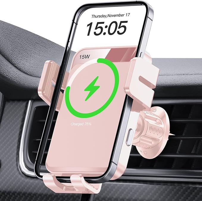 Wireless Car Charger, MOKPR Auto-Clamping Car Mount 15W/10W/7.5W Fast Charging Air Vent Car Phone Mount Compatible with iPhone 15/14/13/13 Pro/12 Pro Max/12 pro/12/11/10 Series, Samsung Galaxy Pink