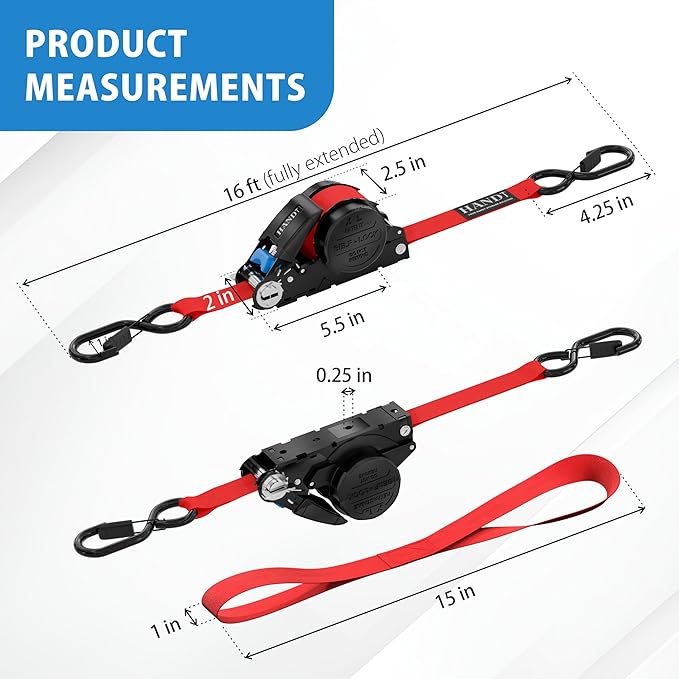 USA Based Retractable Ratchet Straps (2PK) 1in x 16ft - 1,500lb Break Strength, Heavy Duty Automatic Ratchet Straps Self Retractable Tie Down, Push Button Retracting Truck Trailer Cargo | Red