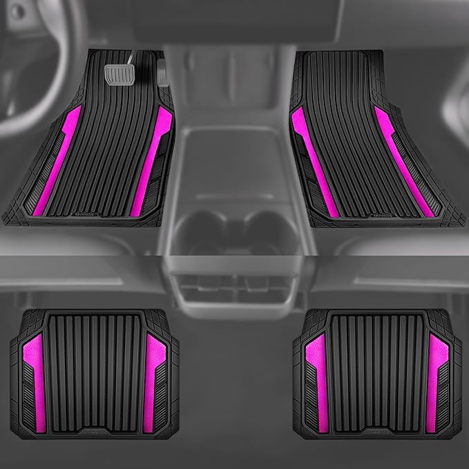 CAR PASS Heavy Duty Rubber Car Mats Metallic, Aluminum Film All Weather Floor Mats Waterproof Universal Trim to Fit for SUV Sedan Van 4 Piece Anodized Deep Dish Two-Tone Sporty Black Hot Pink Chrome