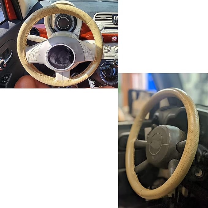 Onerbuy Universal Leather Car Steering Wheel Stitch On Wrap Cover DIY Sewing Breathable and Anti Slip, 15-Inch (Beige)