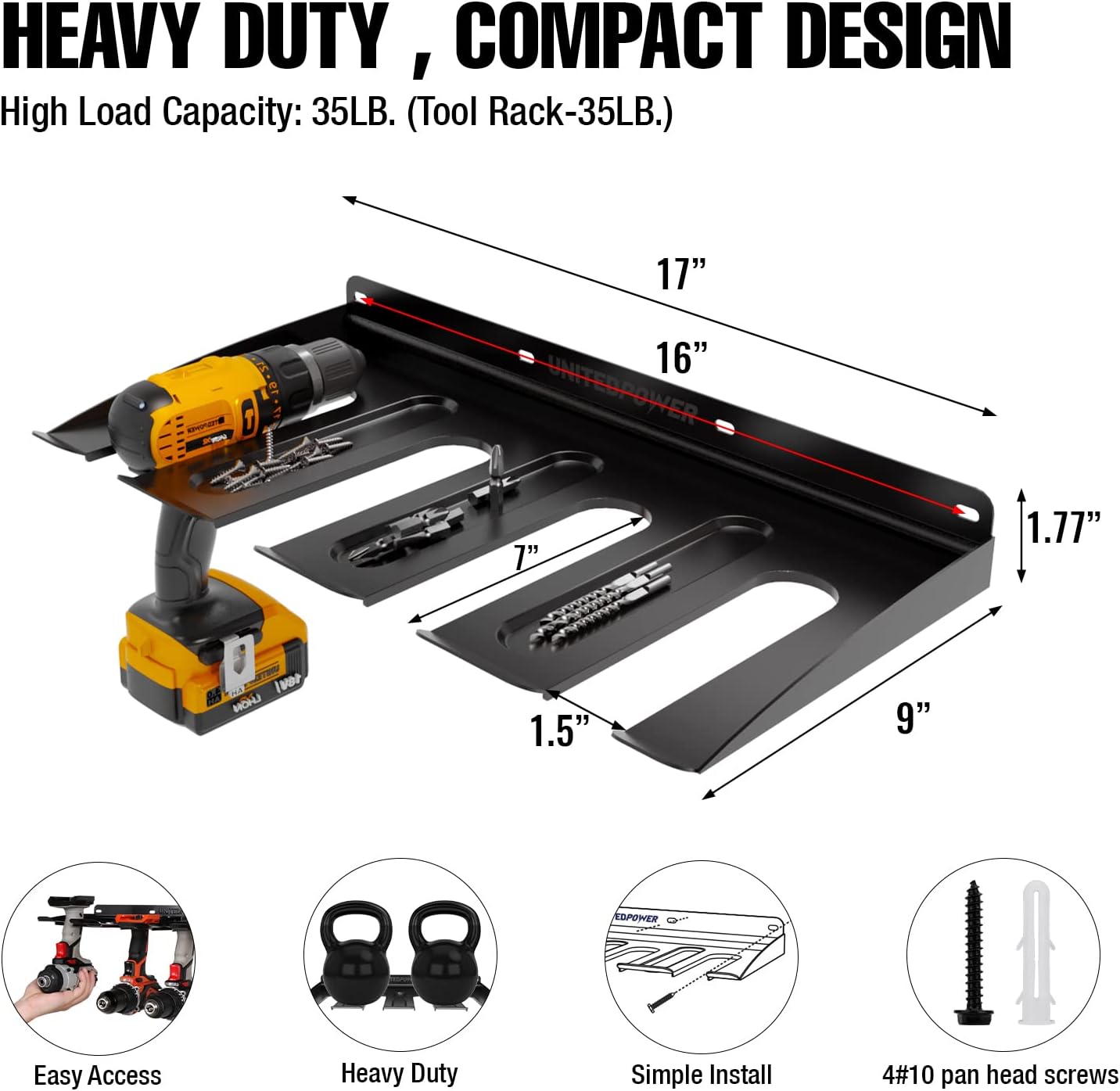 UNITEDPOWER Electric Drill Storage Rack, Holds 4 Drills, Wall Mounted Power Tool Organizer for Battery Powered Hand Tools, Workshop, Shed, Garage, Home (Drill Rack)