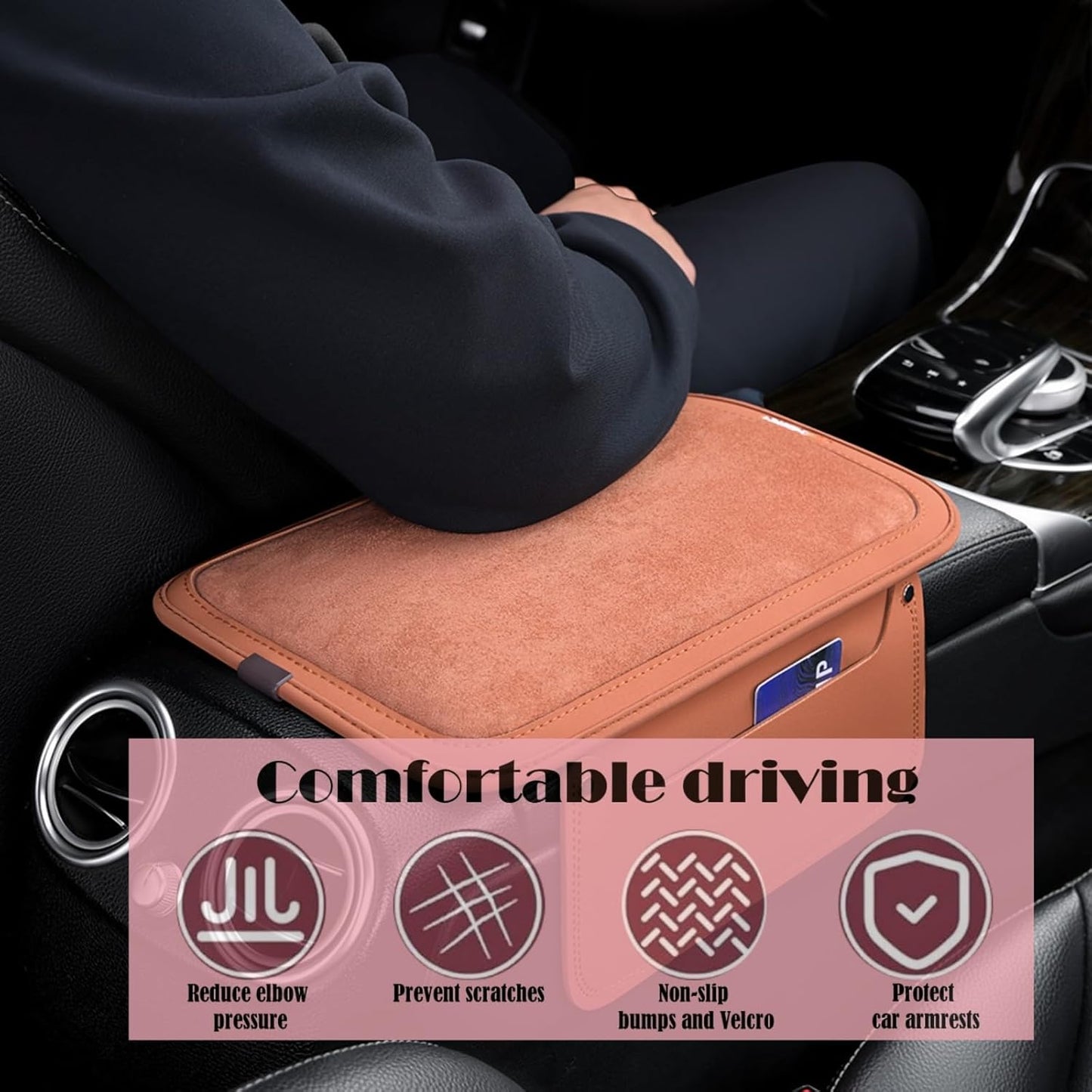 Arm Rest Cover for Car with 2 Storage Bags, Central Console Cover Armrest Pad, Suede Leather, Auto Interior Accessories for Most Vehicles, All-Season Comfort, Brown