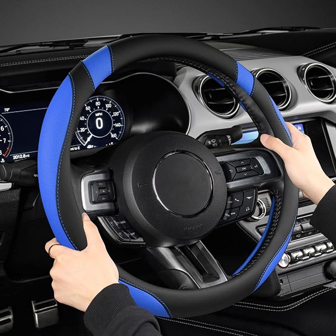 West Llama Car Steering Wheel Cover for Ford Escape,Explorer,Fusion,Focus,Bronco,Transit,Edge(Black+Blue- Standard Size)