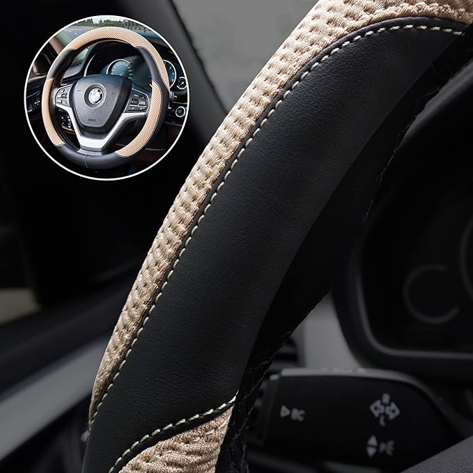 Achiou Steering Wheel Cover Microfiber Leather and Viscose, Breathable Mesh Universal 14.5-15 inch, Refreshing and Comfortable