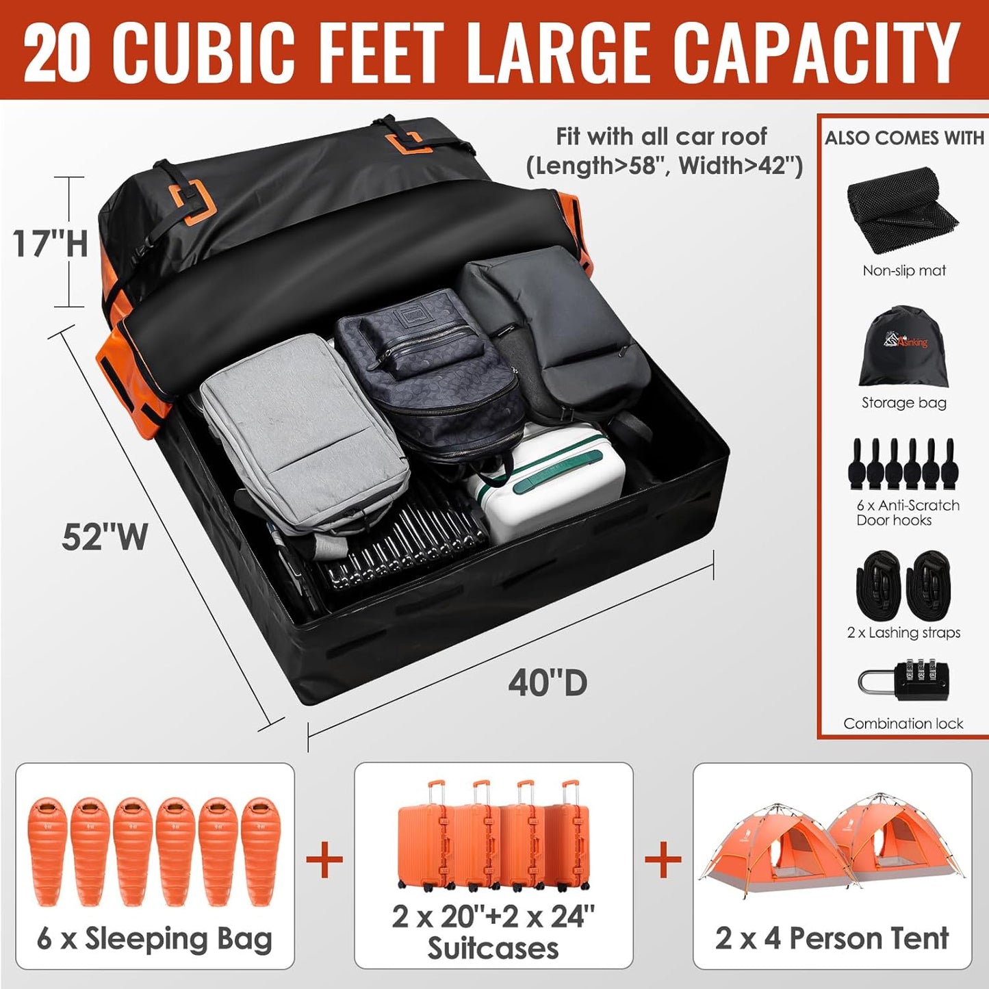 Car Rooftop Cargo Carrier Bag, 20 Cubic Feet Waterproof Heavy Duty 840D Car Roof Bag for All Vehicle with/Without Racks - Anti-Slip Mat, 6 Door Hooks, Storage Bag, 2 Extra Straps, Luggage Lock