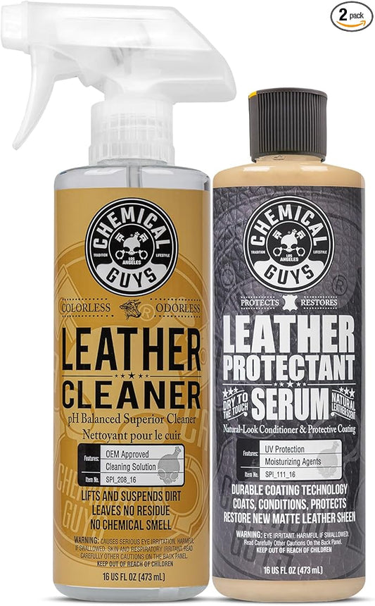 Chemical Guys Leather Cleaner & Leather Serum Kit for Car Interiors, Furniture, Apparel, Shoes, Boots, and More (Works on Natural, Synthetic, Pleather, Faux Leather and More), 16 fl oz - 2 Items