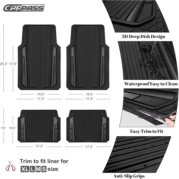 CAR PASS Heavy Duty Rubber Car Mats Metallic,Aluminum Film All Weather Floor Mats Waterproof Universal Trim to Fit SUVs Sedans Vans 4 Piece Anodized Deep Dish Two-Tone Sporty Carbon Fiber Black Chrome