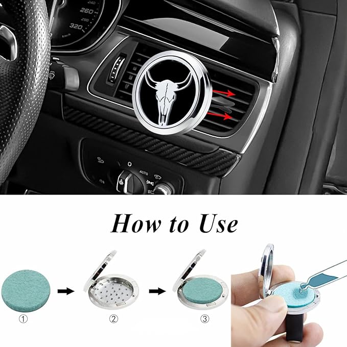 Car Essential Oil Diffuser Vent Clip Car Aromatherapy Christmas Car Accessories with 10 Refill Pads(Bull Skull)