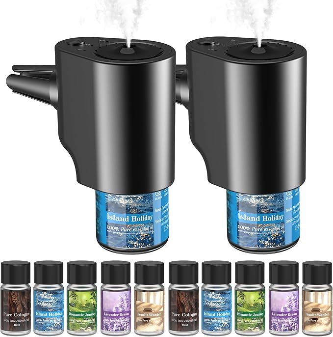 Car Air Freshener, 5 Scents, 10 Refills, Smart car Air Freshener for Vent Clips, Auto On/Off, Three Spray Modes, Car Fresheners Long Lasting (2Pack)