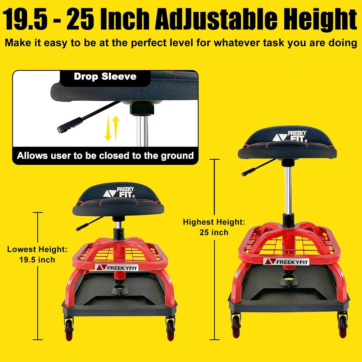 Rolling Stool with Red Wheels, Heavy Duty Garage Work Mechanic Rolling Shop Stool with Backrest, Adjustable Height 360°Swivel Roller Mechanic Chair with 2 Tool Trays, 330 LBS Capacity