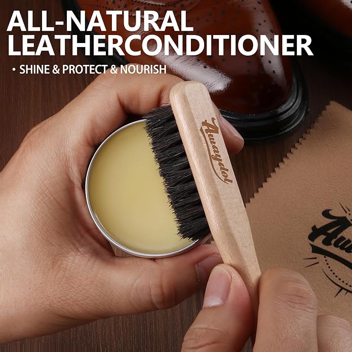 10 PCS Leather Boot Care Kit - Horsehair Brushes,Saddle Soap,Waterproofing Wax,Mink Oil Conditioner,Polishing Cloth,Microfiber cloth,Shoe Shine Cleaning Kit Gift for Men Cowboy Husband Dad ﻿