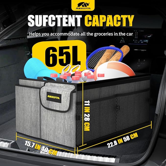 MIKKUPPA Car Trunk Organizer - 65L Collapsible Trunk Organizer with Lid, Sturdy Car Storage for SUV Auto Truck Van with Adjustable Straps and Non Slip Bottom (Gray)